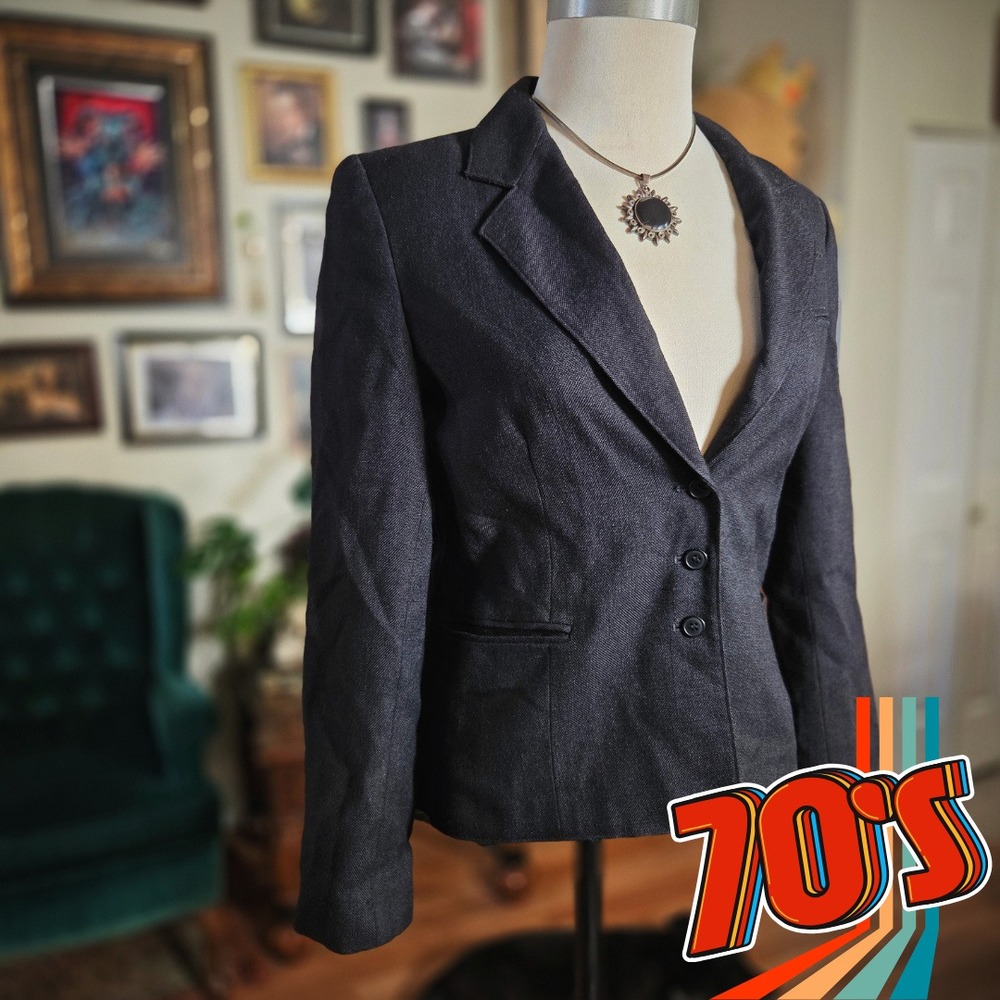 Vintage 70s Handmacher Womens Blazer Charcoal Gray Two Button Career Jacket Suit